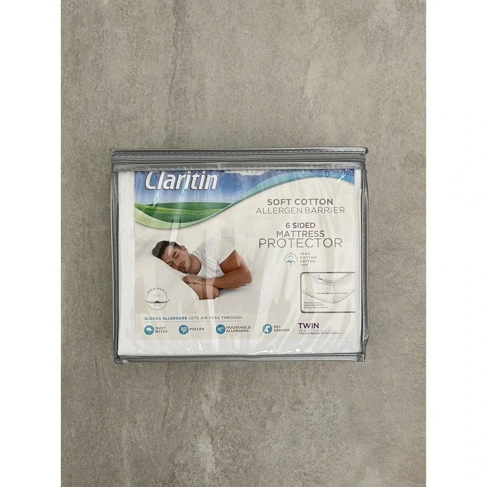 Claritin Mattress Protector Ultimate 6 Sided Twin White Cotton Allergen Barrier